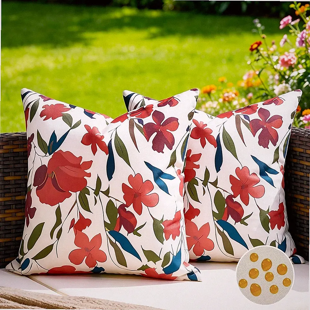 Kissenbezüge 40x40 cm Wetterfest Outdoor Sommer Kissenhülle Rote Blüten Grüne Bl