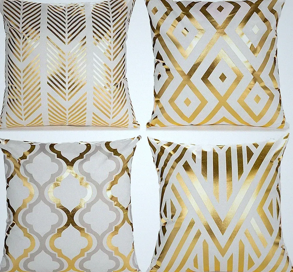 Kissenbezug 45x45 4er Set, Kissenbezüge 45x45 Weiß-Gold aus Polyester, K
