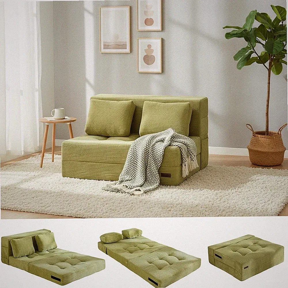 Klappbares Schaumstoff Schlafsofa 3-in-1 umbaubare Sitzfläche mit Kissen hellgrün