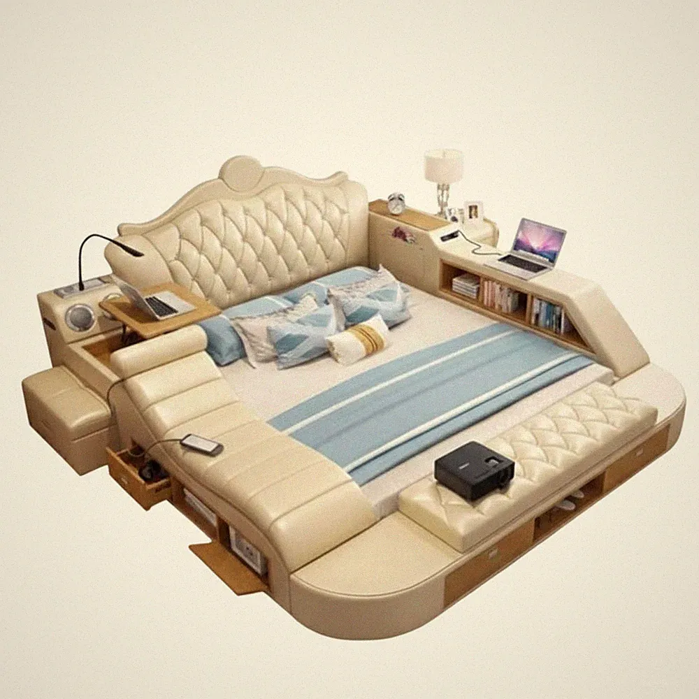 Klassisches Chesterfield-Bett Moderner Stil Beigefarben Holzrahmen