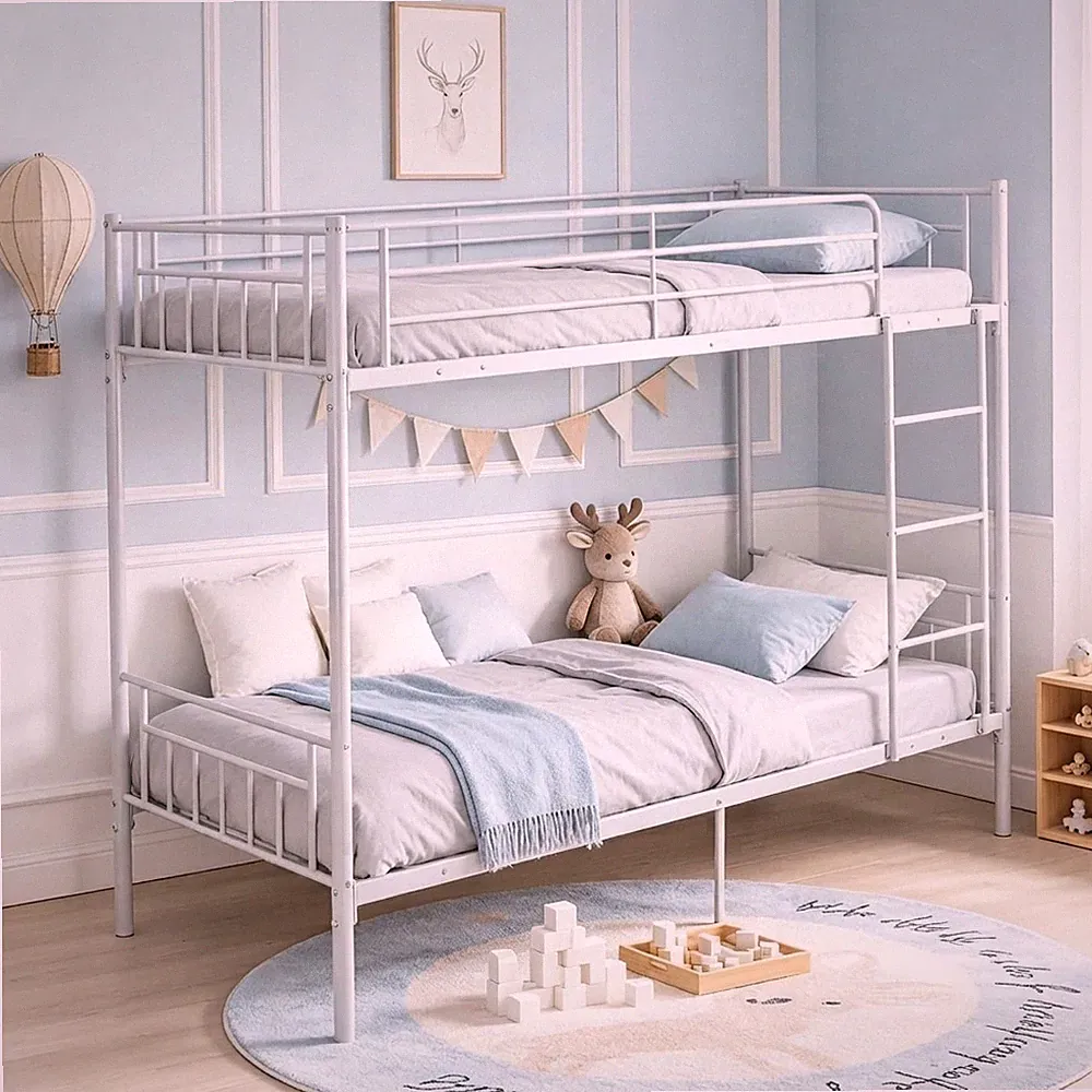 Klassisches weißes Metall Etagenbett für Geschwister mit Sicherheitsgeländern - Montage erforderlich