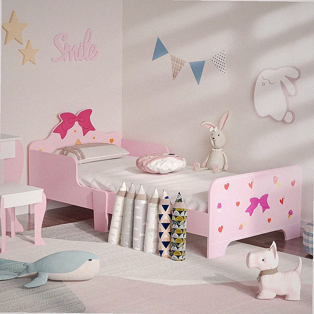 Kleinkindbett Rosa MDF Mehrschicht 143x74x59cm Niedliche Prinzessin Sicherheitsgitter 140x70cm