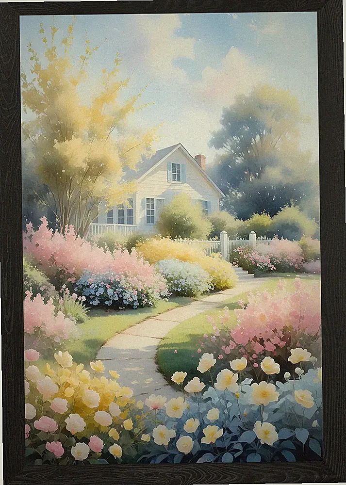 Landhaus Garten Weg mit Fl Beeten gerahmtes Wandbild Poster Leinwanddruck Bild