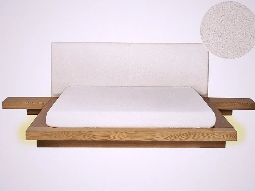 LED Bett Bouclé Holzoptik hellbraun mit 2 Nachttischen Lattenrost 160x200 cm Zen