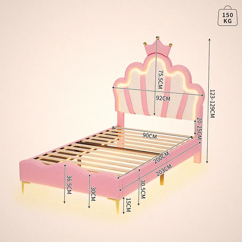 LED Bett Prinzessinnenbett Bettgestell Lattenrost Polsterung PU Leder Kopfteil