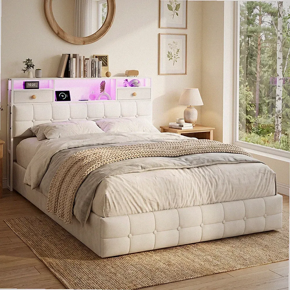 LED Boxspringbett 140x200cm Polsterbett mit LED Doppelbett mit Stauraum Kopfteil