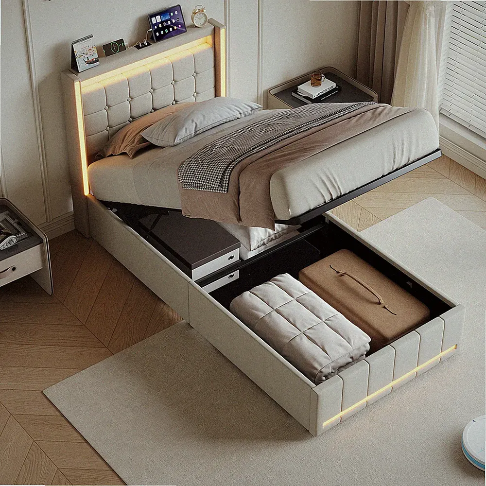 LED Boxspringbett Polsterbett 90x200 cm Bettgestell Stauraumbett mit Lattenrost