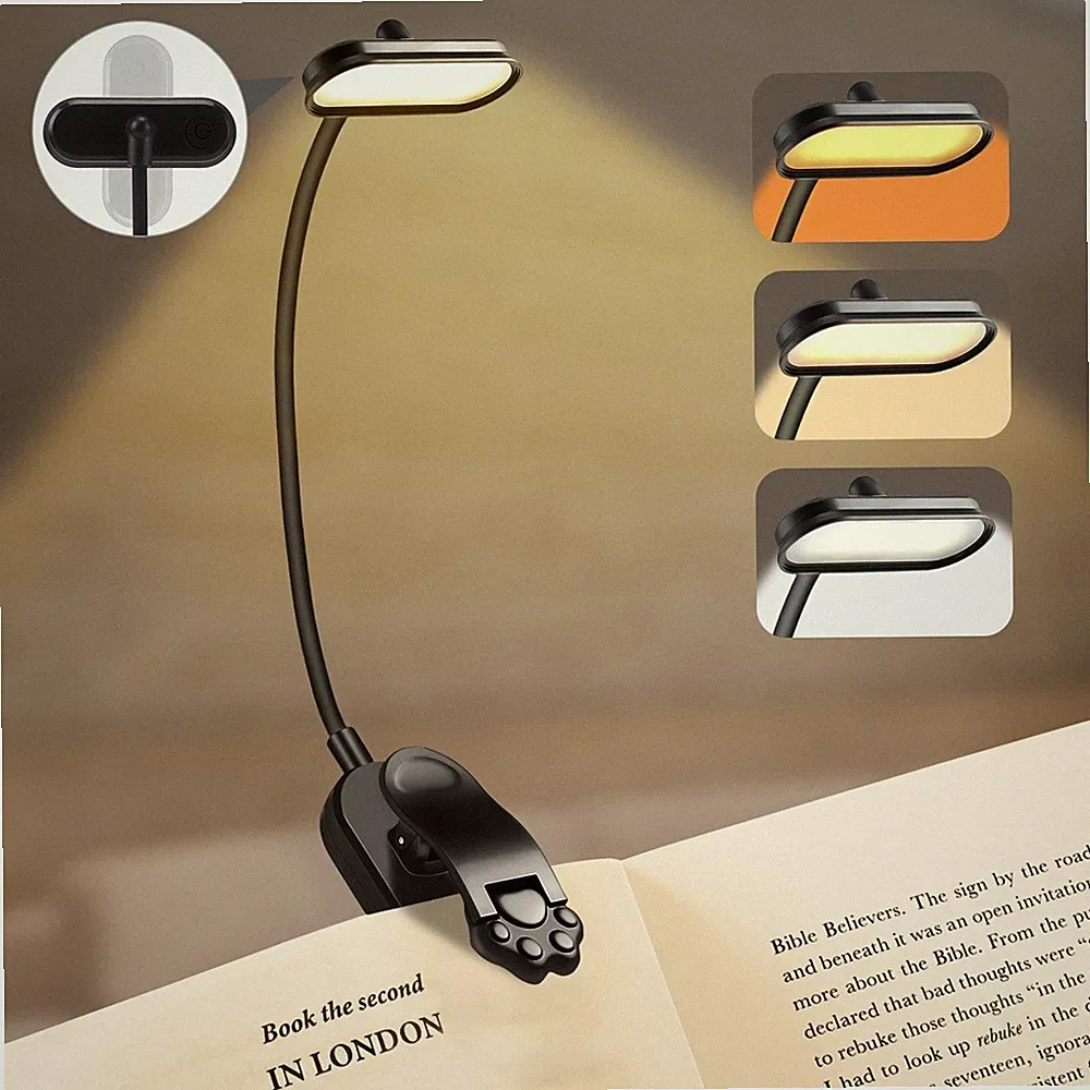 LED Buchlampe Leselampe mit Clip Dimmbar Akku Klemmlampe Bett Nachttischlampe