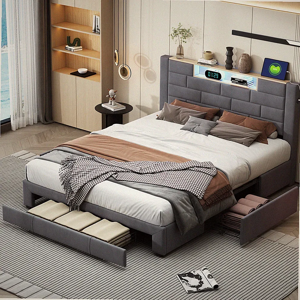 LED Doppelbett 140x200 cm mit 3 Schubladen, Polsterbett mit USB-Stecker