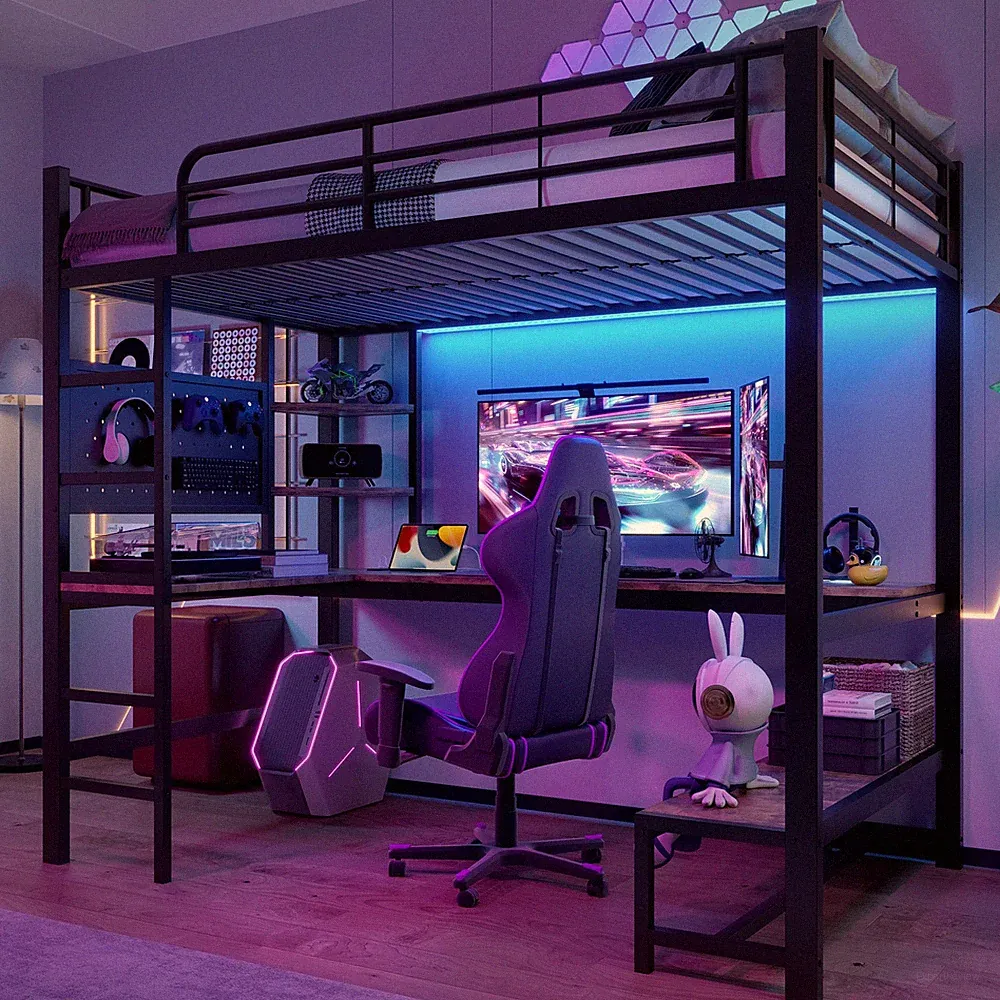 LED Hochbett mit Schreibtisch Bettgestell Lochbrett Metallbett 90x200 140x200