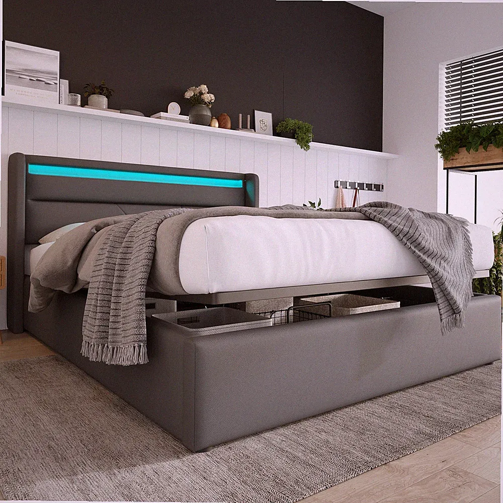 LED Kunstlederbett 140x200 cm Doppelbett Polsterbett Bettkasten Bettgestell Weiß