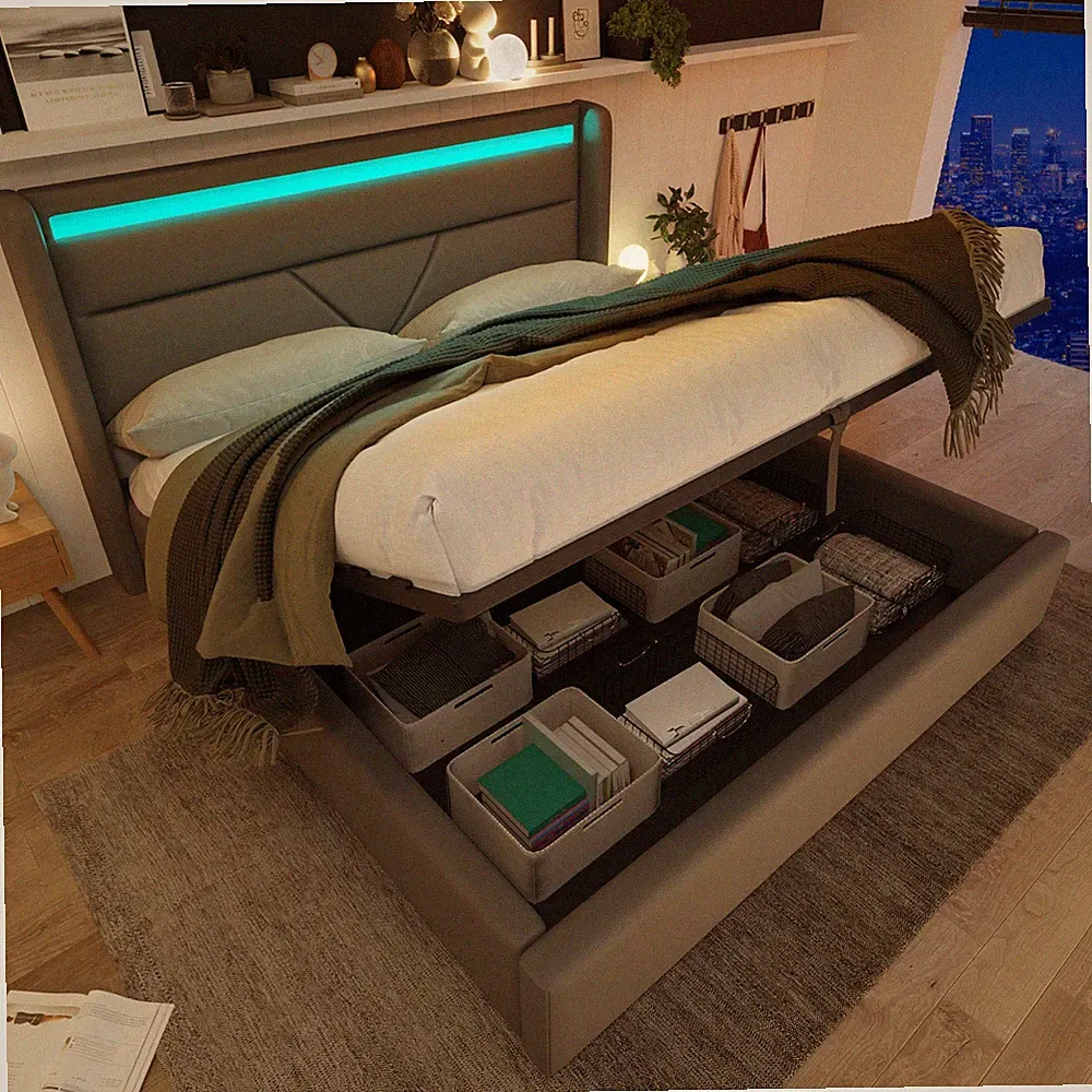 LED Kunstlederbett 140x200 cm Doppelbett Polsterbett Bettkasten Bettgestell Weiß