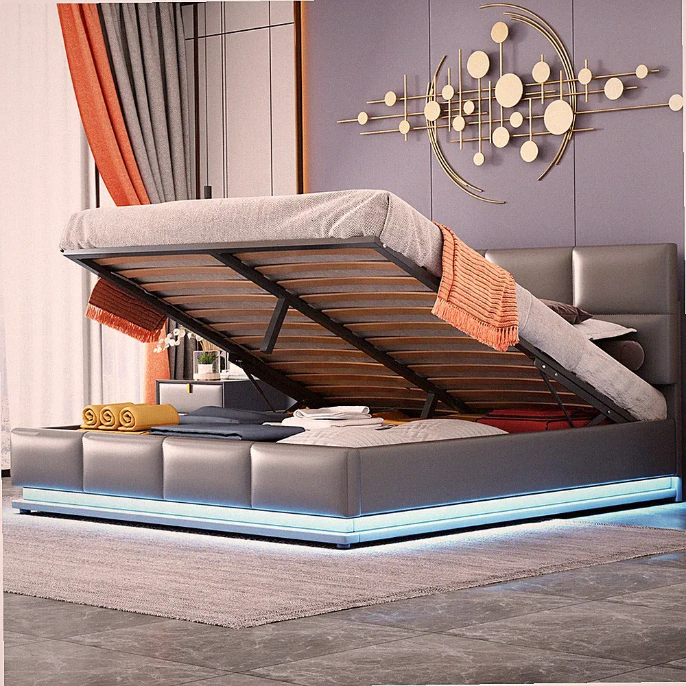 LED Lederbett 160x200 cm Polsterbett Kunstleder Bettgestell mit Bettkasten Grau