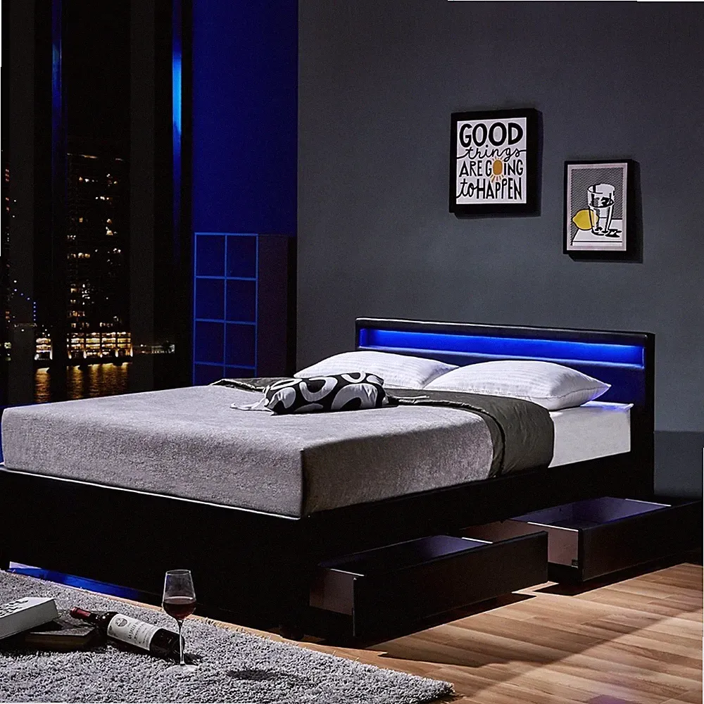 LED Lederbett Leder Polsterbett schwarz grau weiss mit Lattenrost op. Bettkasten