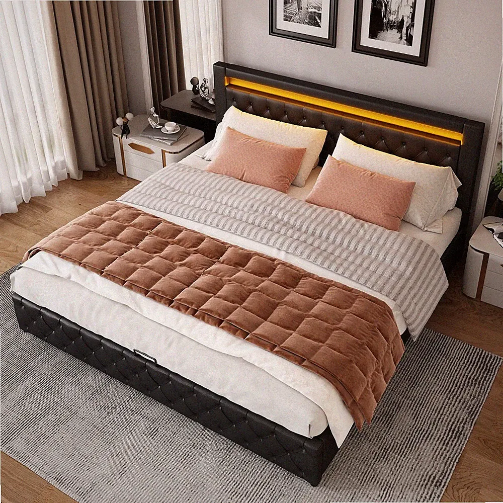 LED Lederbett Polsterbett Doppelbett 160x200 cm Kunstlederbett mit Bettkasten