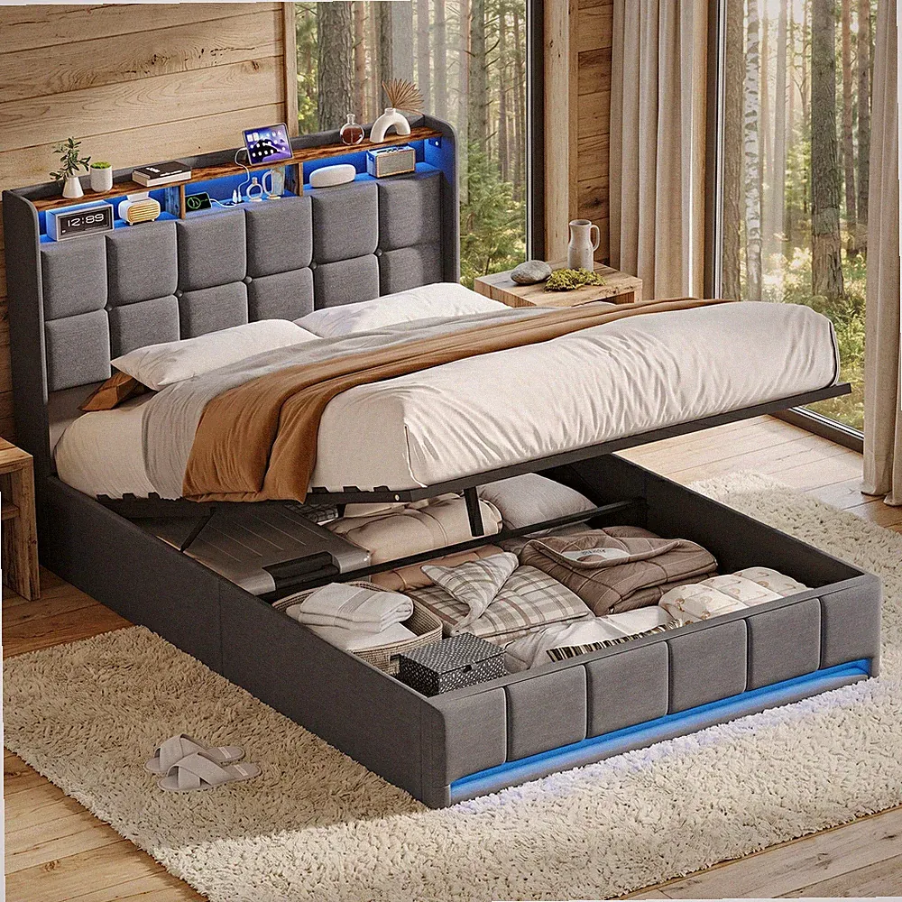 LED Polsterbett 140x200 cm Boxspringbett mit Lattenrost Stauraum Doppelbett USB