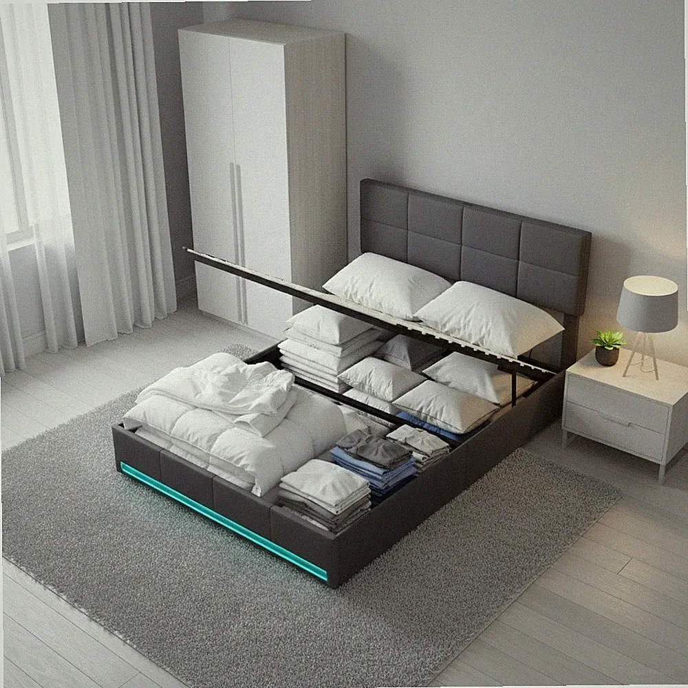 LED Polsterbett 160x200 cm Doppelbett Stauraumbett mit Bettkasten und LED-Licht