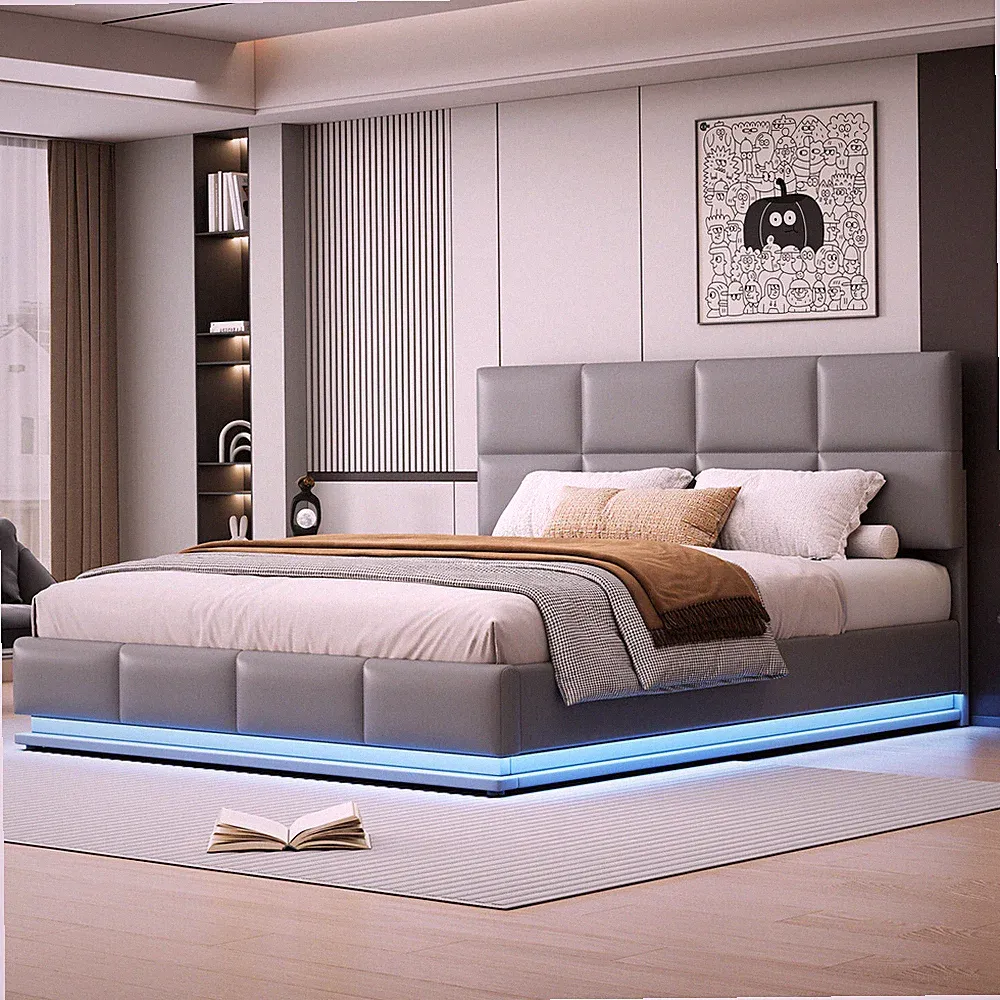 LED Polsterbett 180x200 cm Kunstlederbett Doppelbett Bettgestell mit Bettkasten