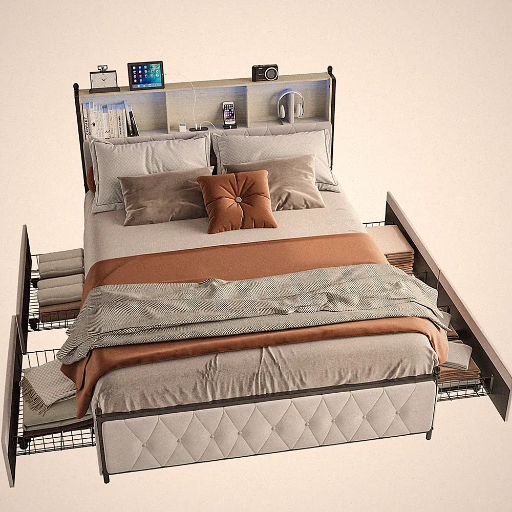 LED Polsterbett Doppelbett 140x200 mit Kopfteil Ladestation Bettgestell Stauraum