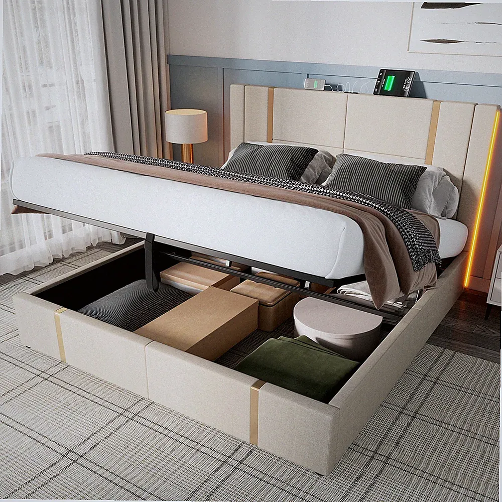 LED-Polsterbett Doppelbett Stauraumbett Jugendbett Bettgestell Lattenrost Holz