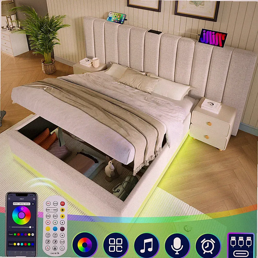 LED Polsterbett Doppelbett Stauraumbett mit App Control Bettgestell Lattenrost