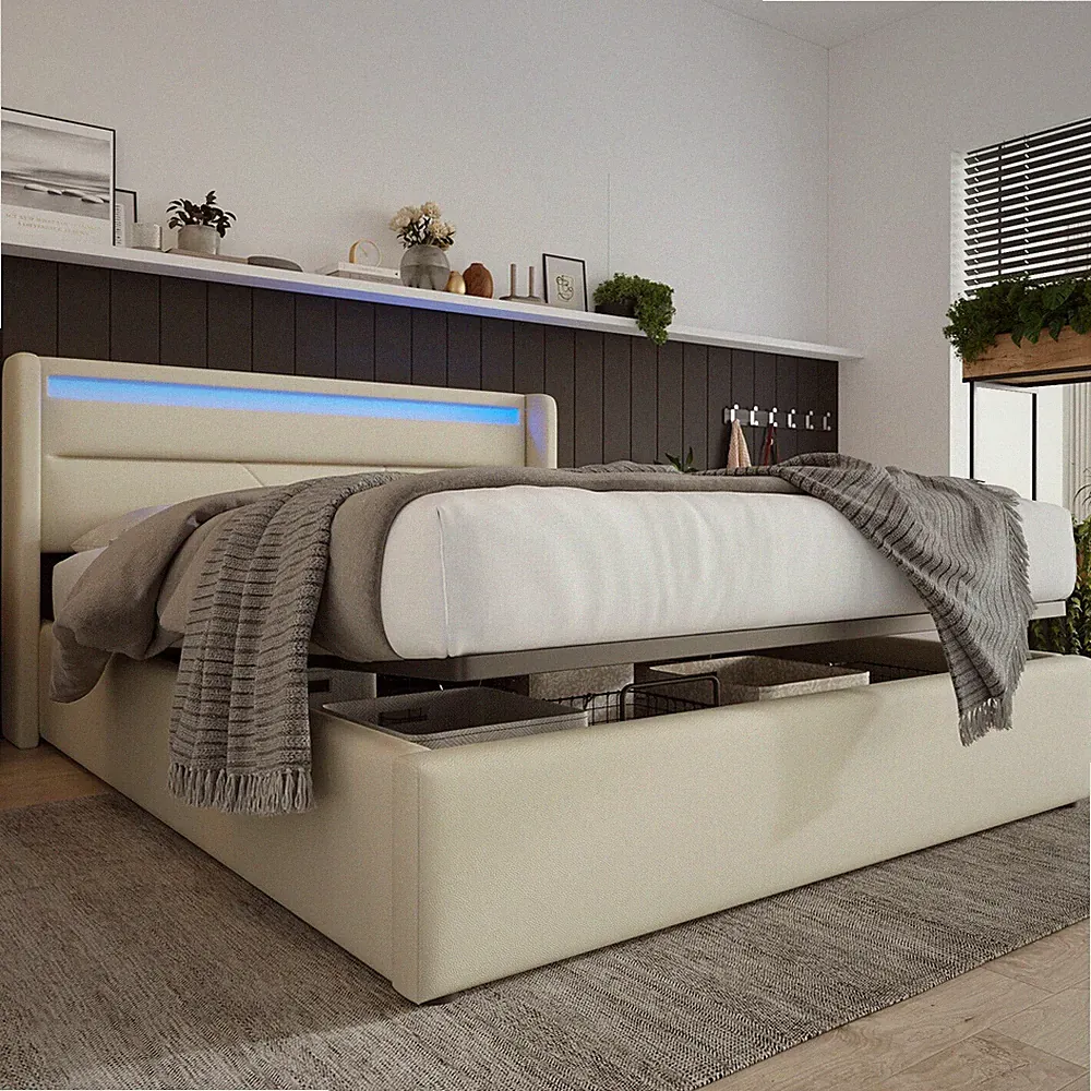 LED Polsterbett Kunstlederbett Lederbett Doppelbett 140x200 cm Bettgestell Weiß