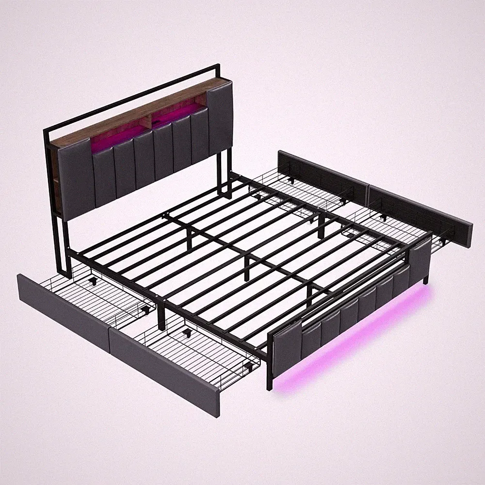 LED Polsterbett mit 4 Schubladen, Grau, 160x200 cm