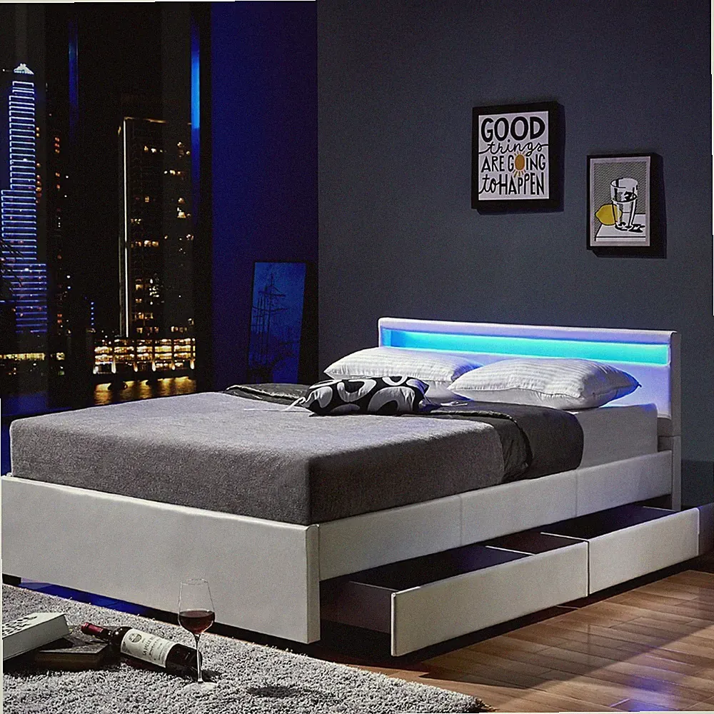 LED Polsterbett WEIß SCHWARZ GRAU Leder Bett mit Lattenrahmen option. Bettkasten