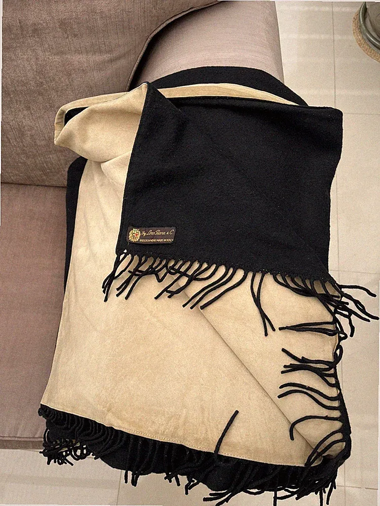 Loro Piana 100% Kaschmir und Wildleder Decke 195 cm x 145 cm - Schwarz/Beige