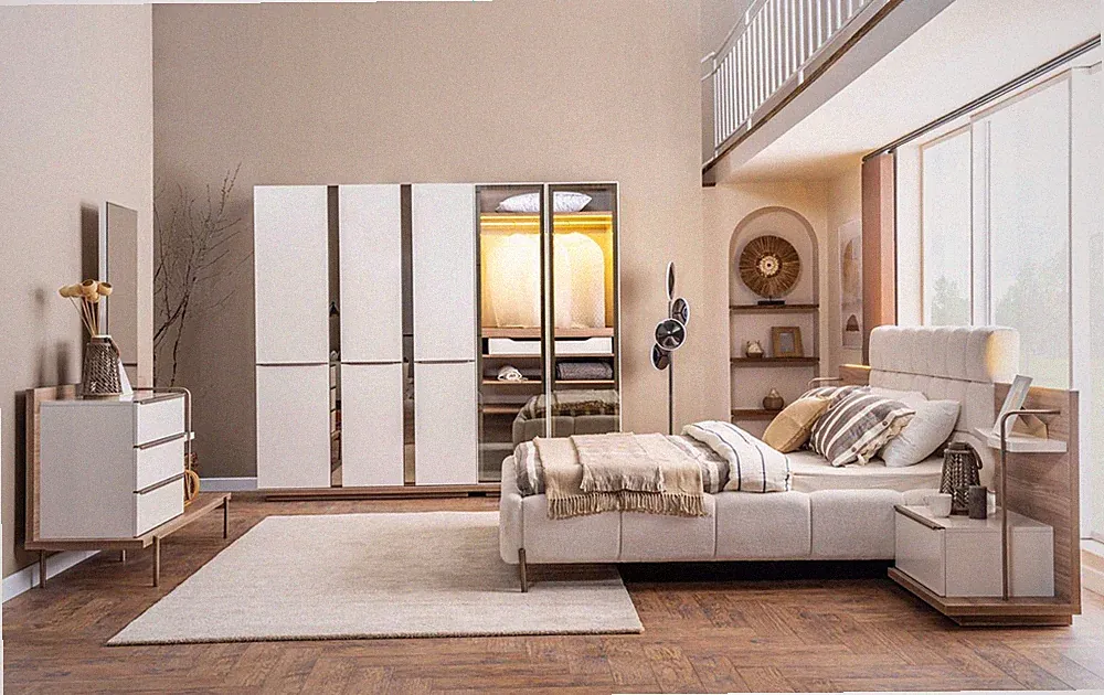 Luxuriöses Schlafzimmer Set Polsterbett Kleiderschrank Edler Schminktisch