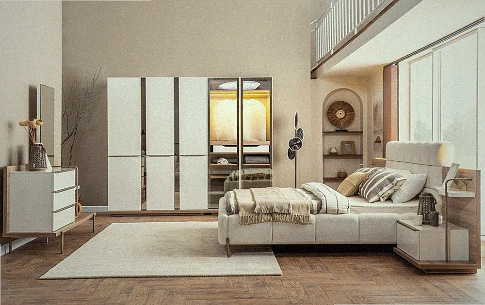 Luxuriöses Schlafzimmer Set Polsterbett Kleiderschrank Edler Schminktisch