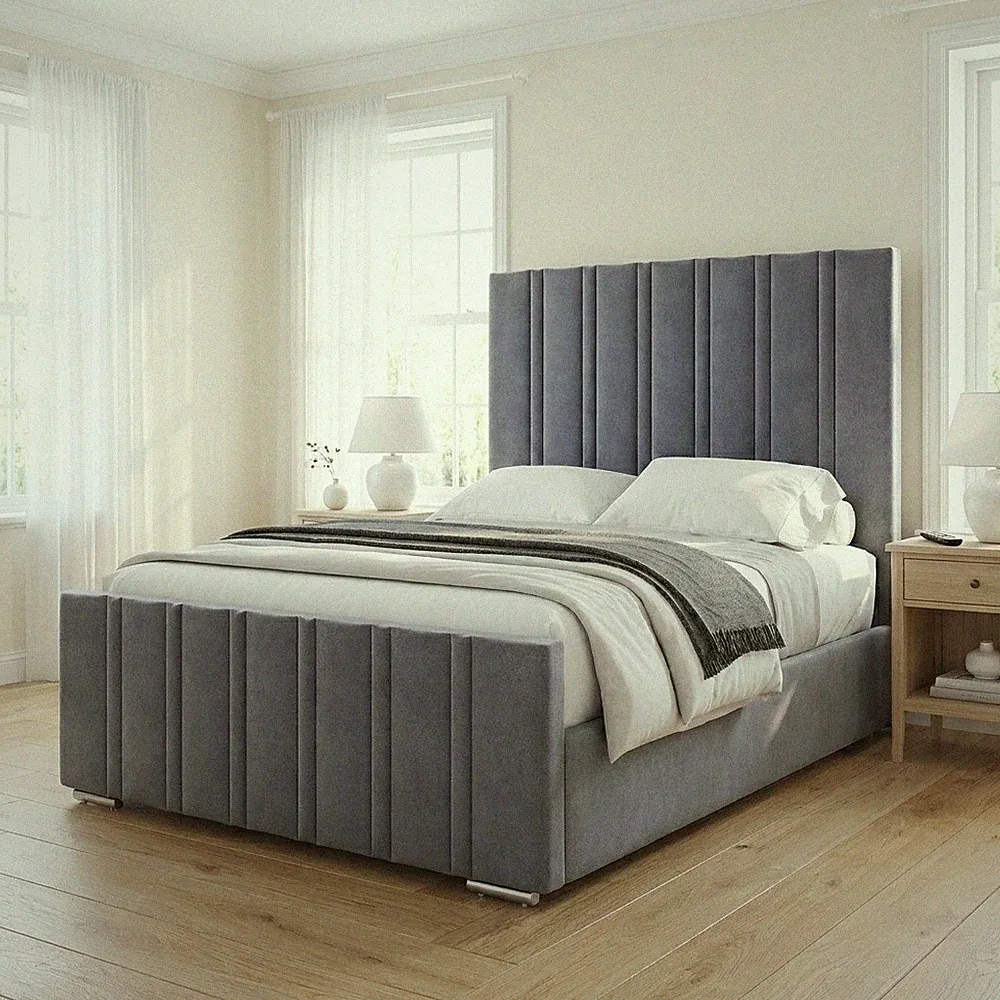LUXUS DOPPELWAND POLSTERBETT PLÜSCH SAMT BETTRAHMEN DOUBLE & KING SIZE