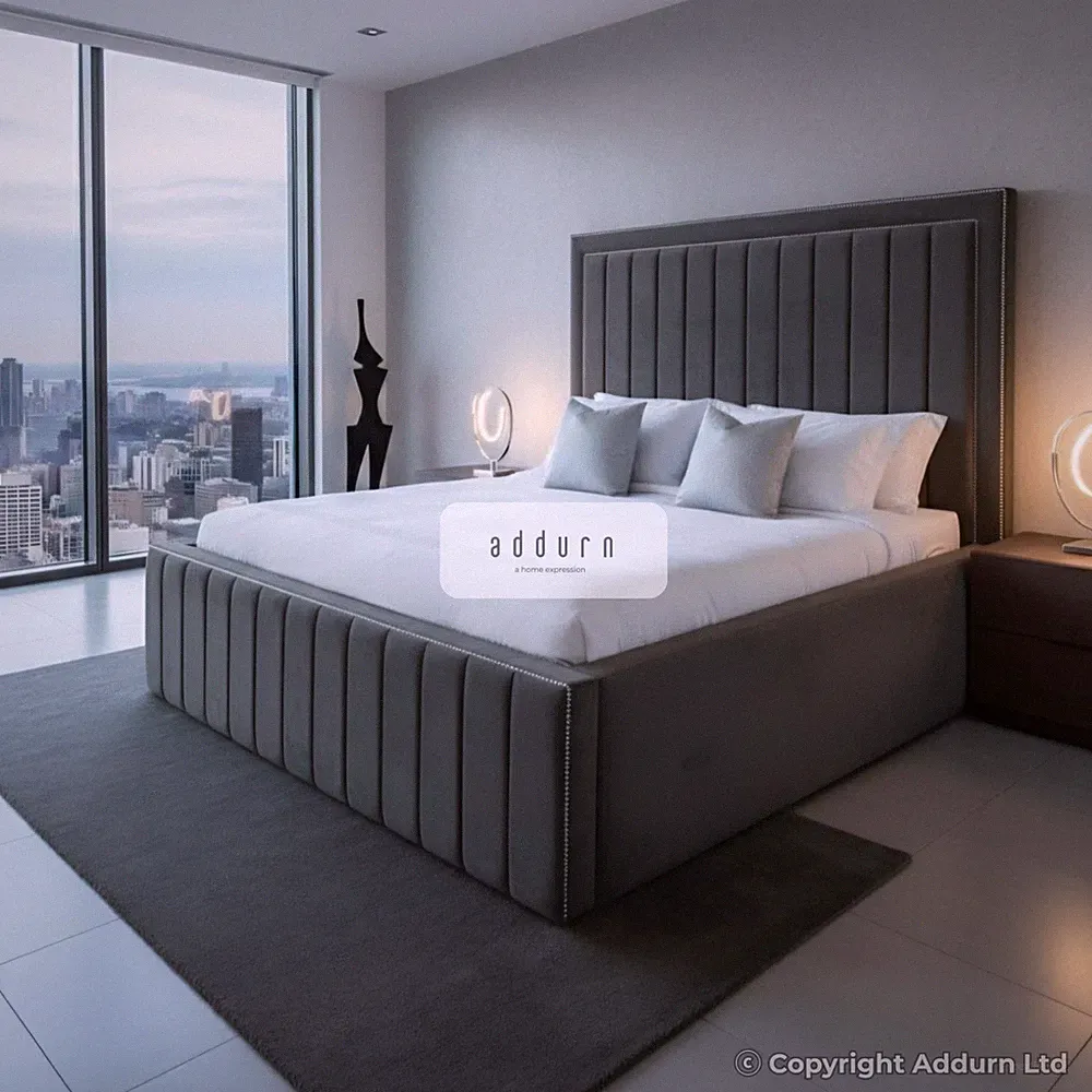 Luxus Plüsch Samt Panel Bettgestell Polster Kopfteil Holzlatten Doppelbett UK