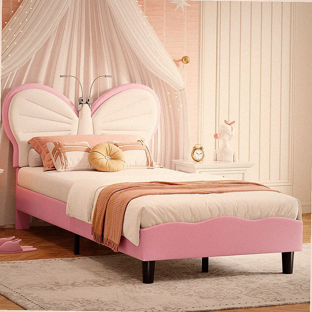 Mädchen Kinderbett 90x200 Weiß Polsterbett LED Schmetterlings Prinzessinnenbett