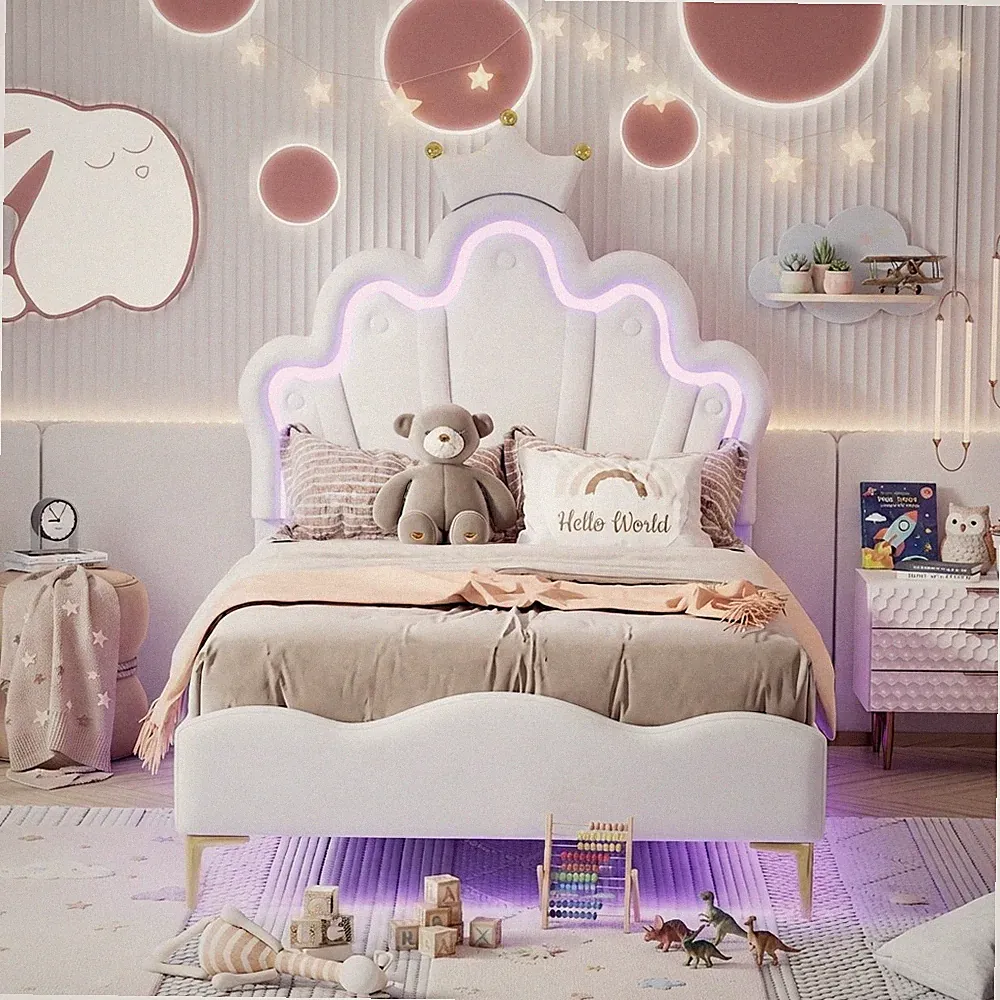 Mädchenbett Einzelbetten 90 x 200 cm mit LED Kopfteil PU Polsterbett Jugendbett