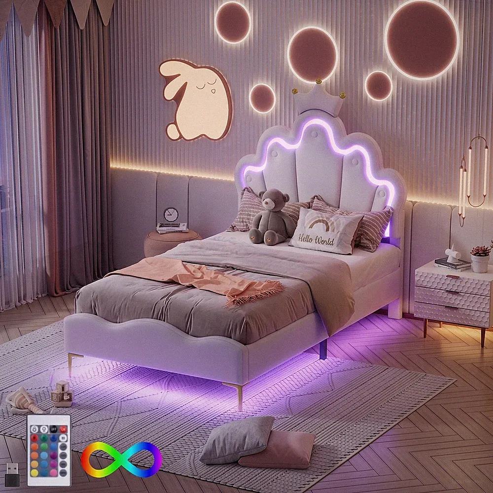 Mädchenbett Einzelbetten 90 x 200 cm PU mit Kopfteil LED Polsterbett Jugendbett