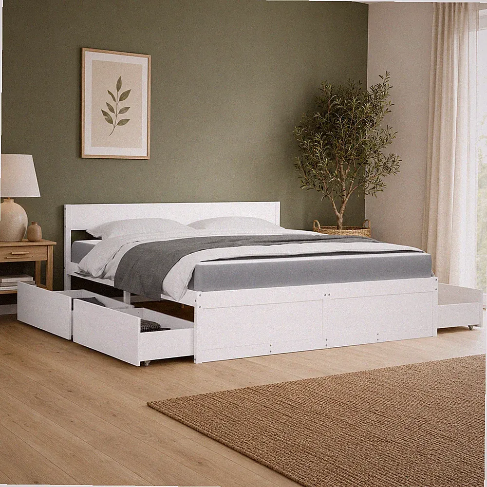 Massivholz Doppelbett mit Schubladen und Matratze 180x200 cm | Gästebett