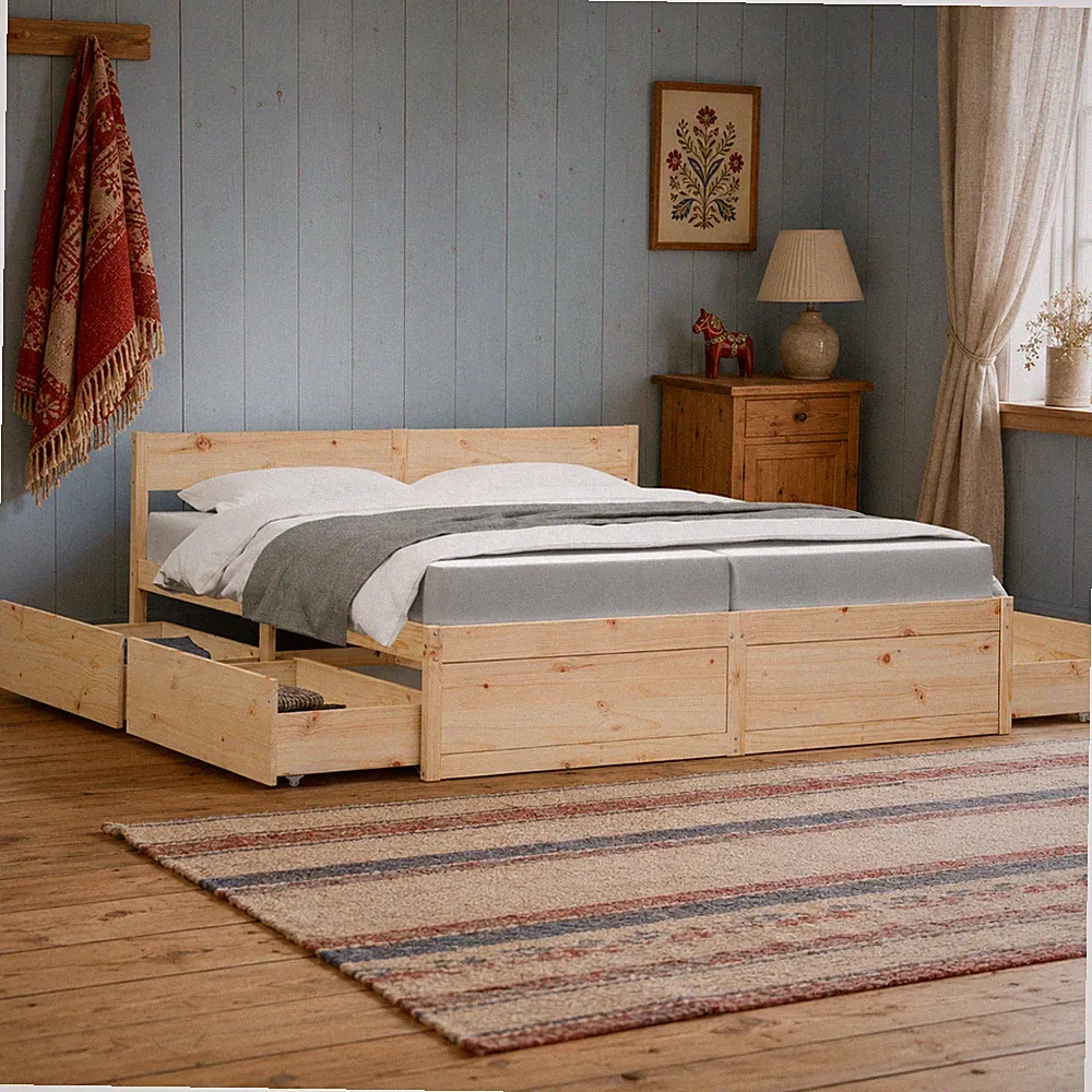 Massivholz Doppelbett mit Schubladen und Matratze 200x200 cm | Massivholzbett, G