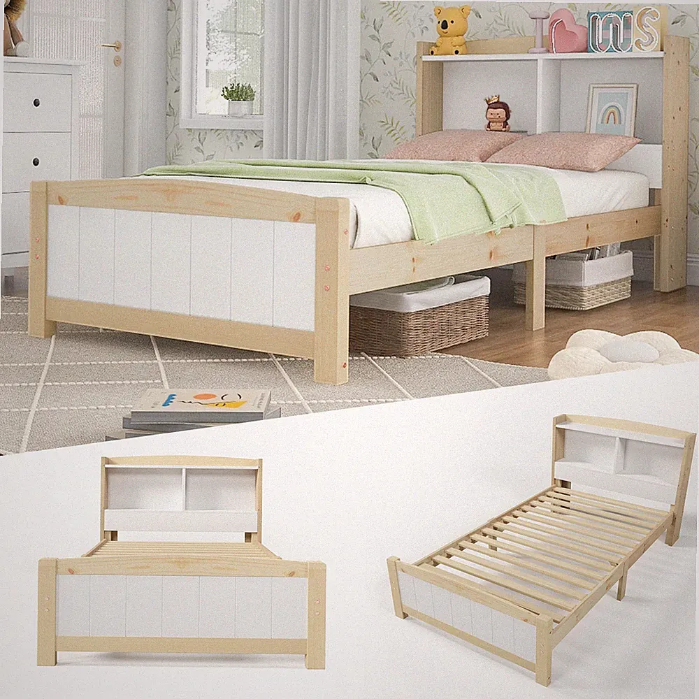 Massivholz Einzelbett Stauraum-Kopfteil Bett Bettgestell mit Lattenrost Holzbett