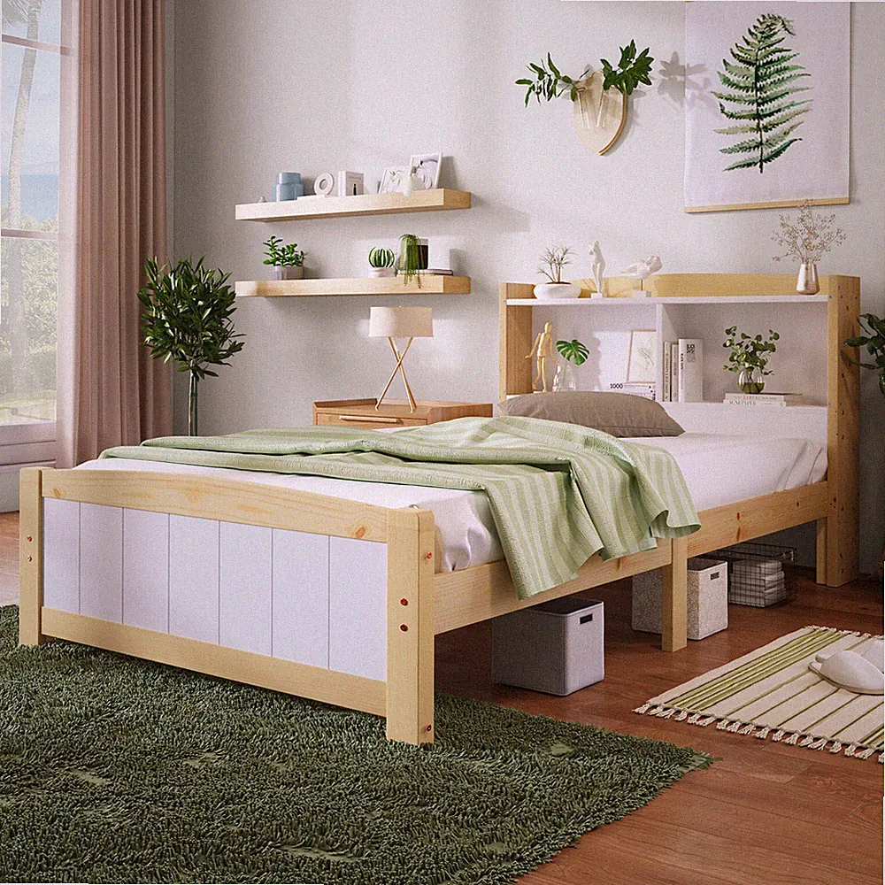 Massivholz Jugendbett Kinderbett 90x200 Bettgestell Stauraum-Kopfteil Lattenrost