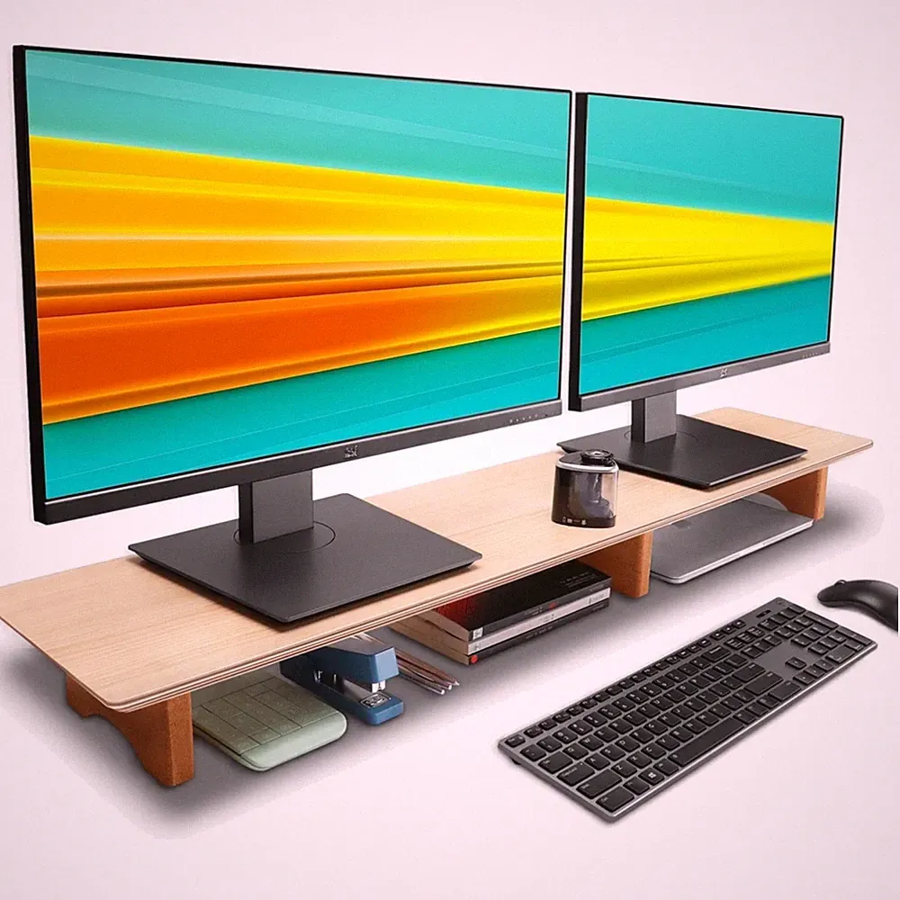 Massivholz Monitorständer Walnuss Eiche 2 Monitore Korkfüße ergonomisch
