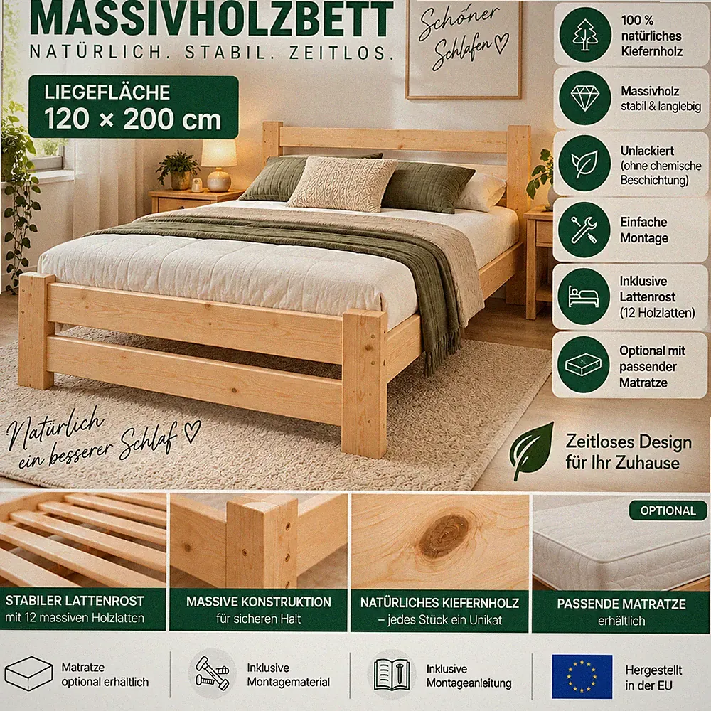 Massivholzbett 120x200 Kiefer Natur inkl. Lattenrost Doppelbett NEU