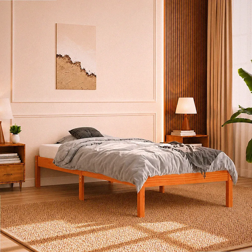 Massivholzbett Kiefer Bettgestell Holzbett Einzelbett Wachsbraun | 100 x 200 cm