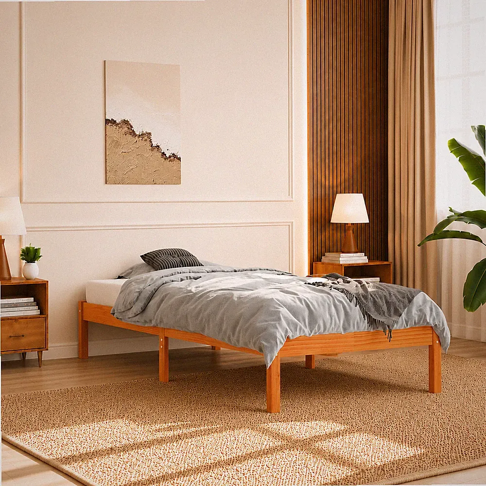 Massivholzbett Kiefer Bettgestell Holzbett Einzelbett Wachsbraun | 90 x 200 cm