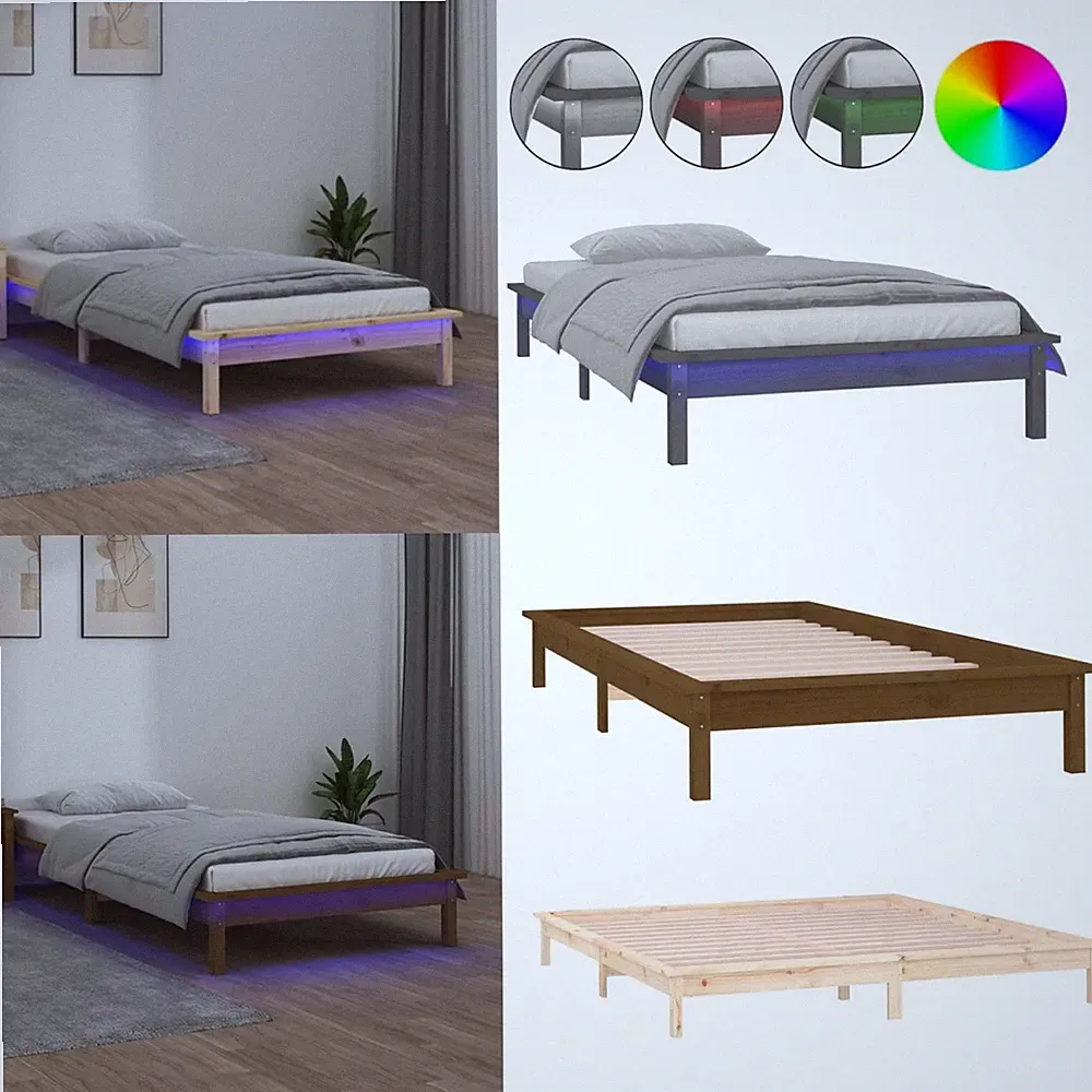 Massivholzbett mit LEDs Bettgestell Holzbett Einzelbett Bettrahmen Lattenrost