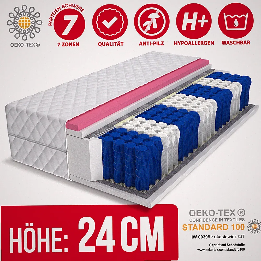 Matratze 90x190 Taschenfederkern Visco Memory 7 Zonen 24 cm MEMORY Bett H2 H3