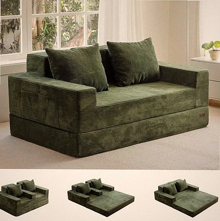 MAXYOYO Grün Cord Klapp Schlafsofa Boden Couch LOVESEAT mit Getränkehalter NEU