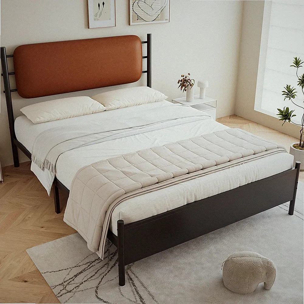 Merax 4 Fuß 6 Doppelbett Metall mit PU-Polsterkopfteil - Schmiedeeisen