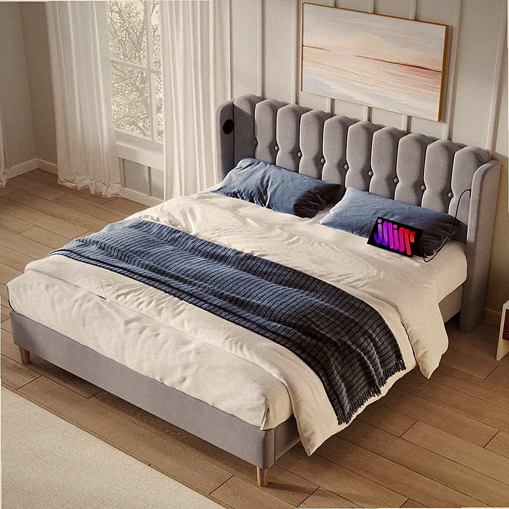 Merax Doppelbettgestell, 4ft6 Doppelbett gepolstertes Kinderbett, mit USB und Typ-C