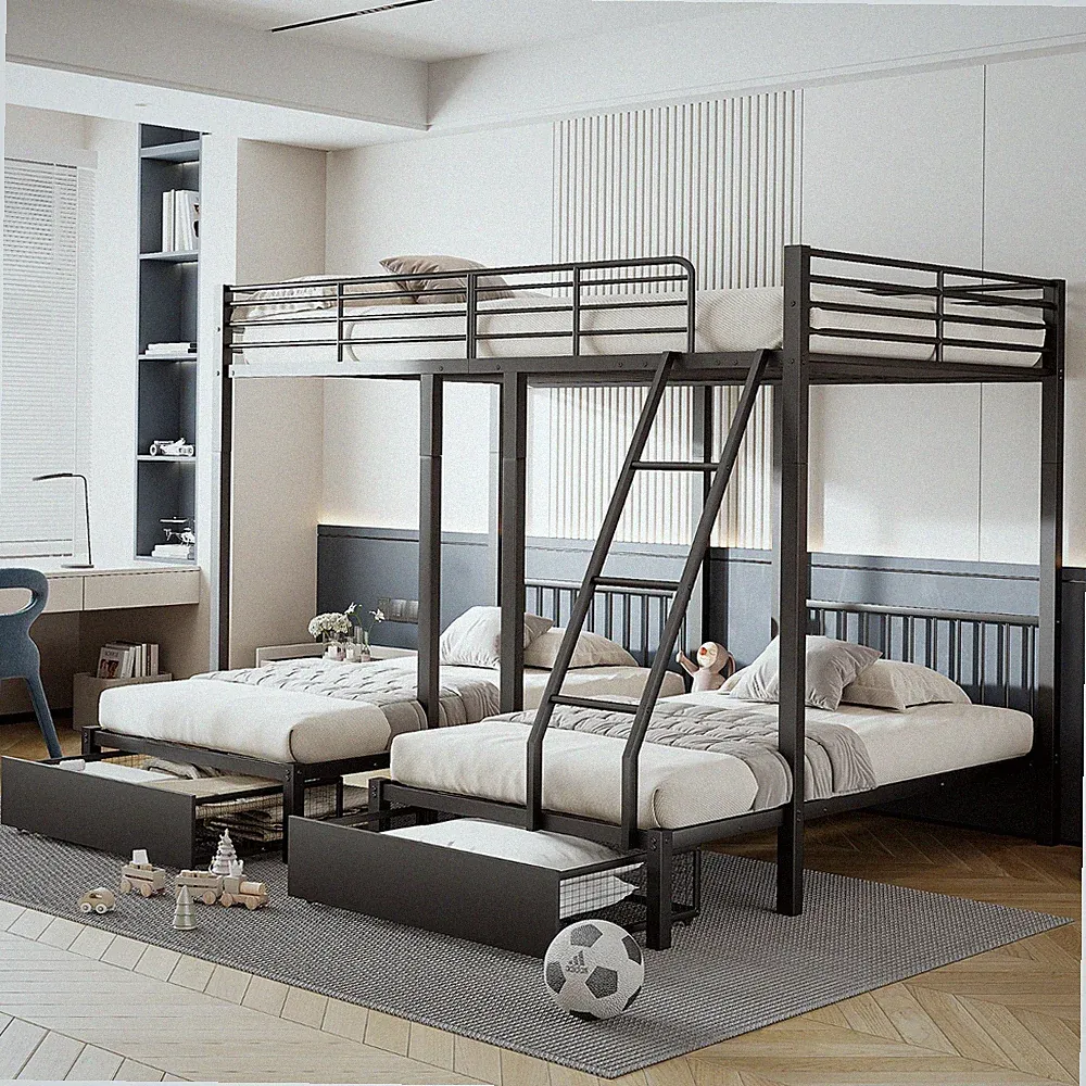 Metall Etagenbett 140x200 + 2x 90x200 Dreibett Schwarz mit 2 Schubladen